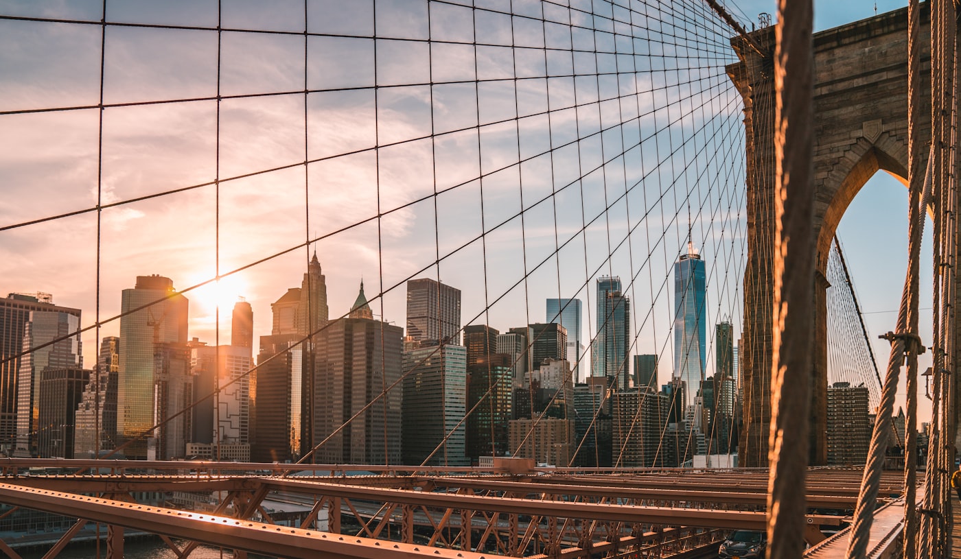 The Brooklyn Bridge and Lower Manhattan skyline at golden hour